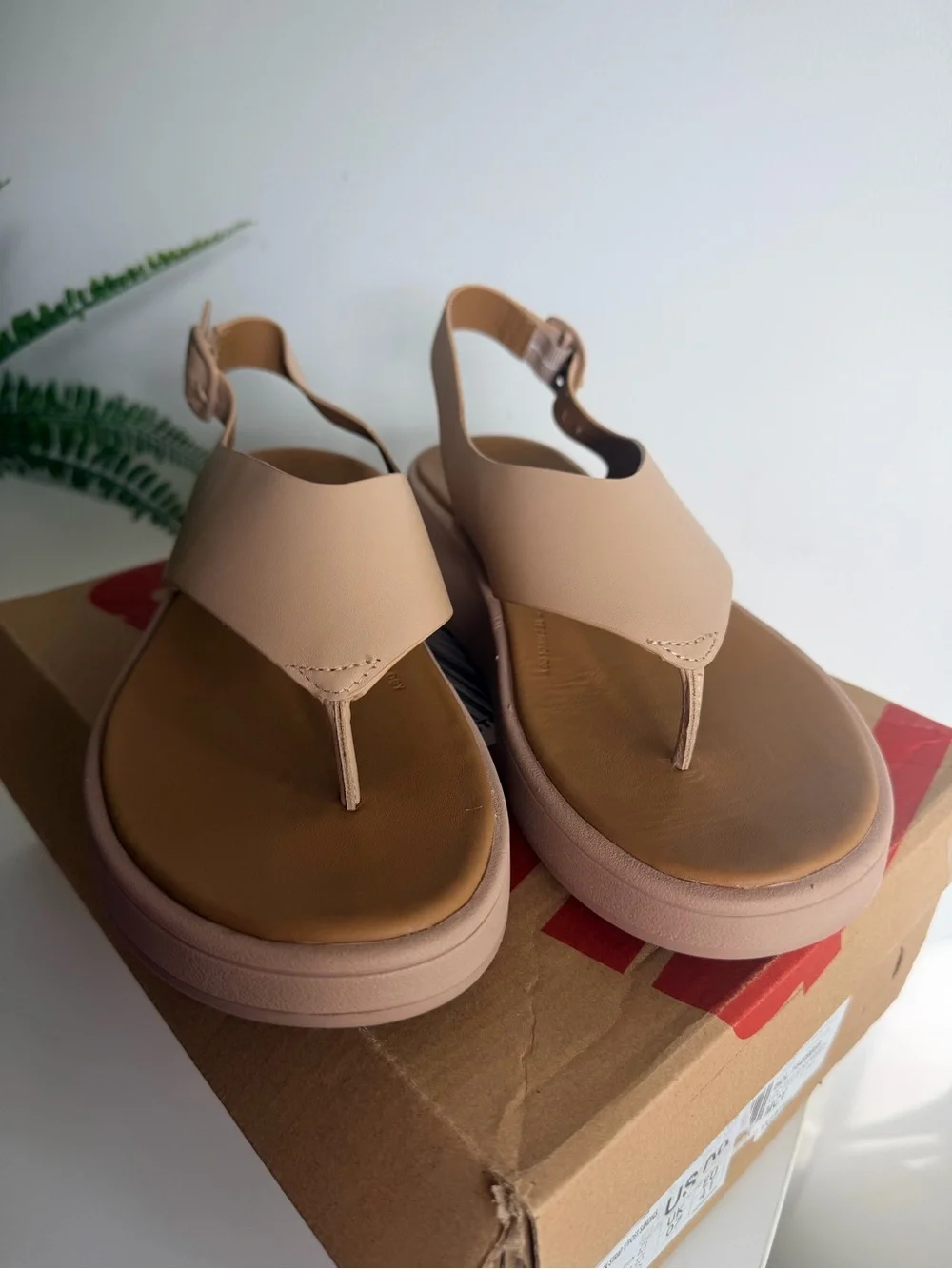 Fitflop F-MODE Leather Flatform Back-Strap Toe-Post Sandals size 9 Classic beige